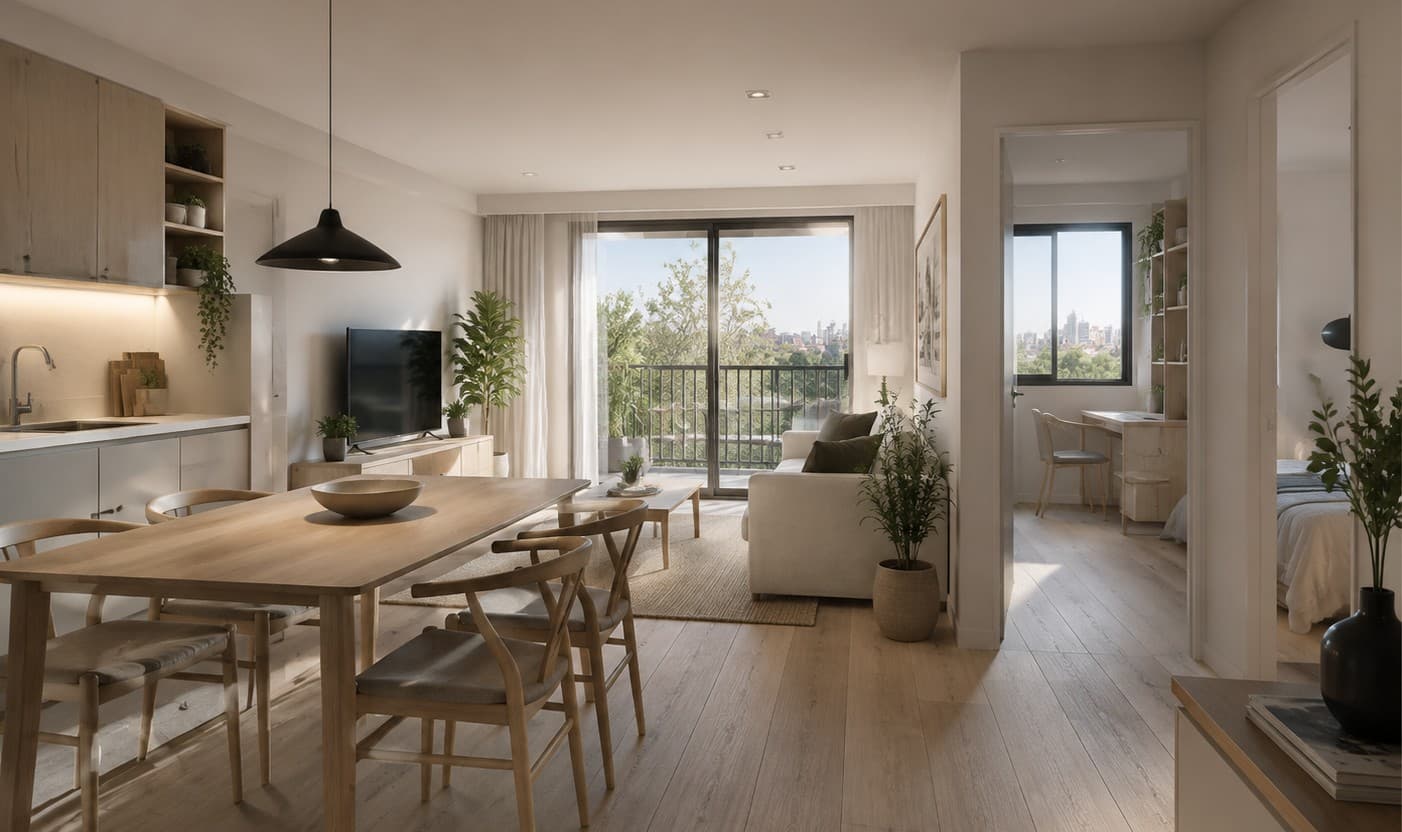 Interior de departamento — living comedor con vista a la ciudad